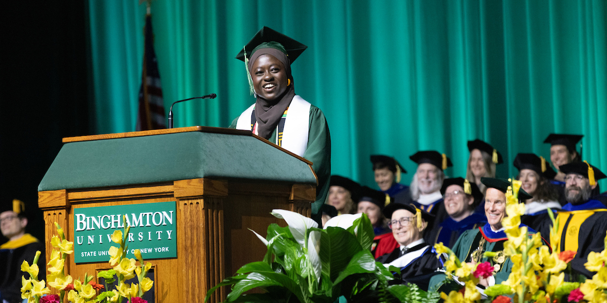 Hawa Fofana '25 represented her fellow graduates as the student speaker at the Harpur College of Arts and Sciences Commencement Ceremony on May 17, 2025 at the Events Center.