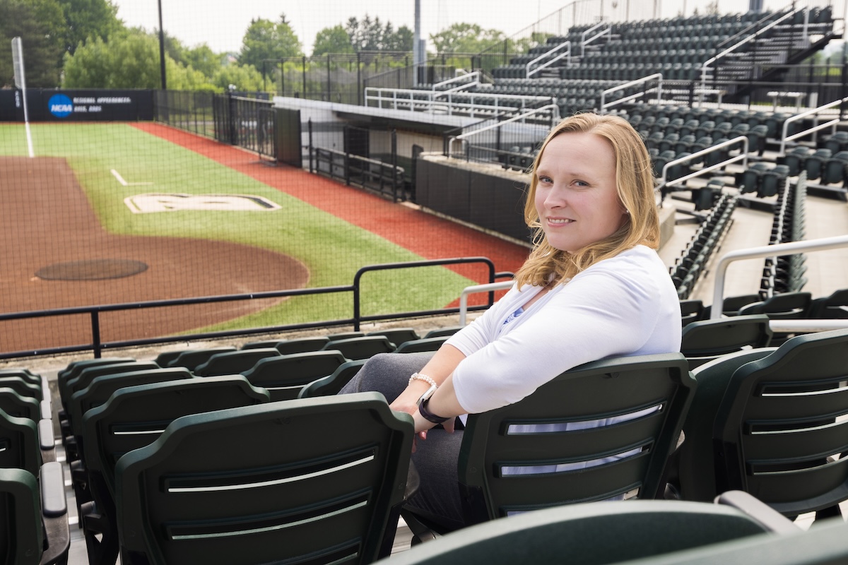 Binghamton University alumna and former softball player Leigh Ann Savidge-Morris '04 is the deputy director of athletics in the Division of Athletics, pictured here at the softball field at Bearcats Sports Complex.