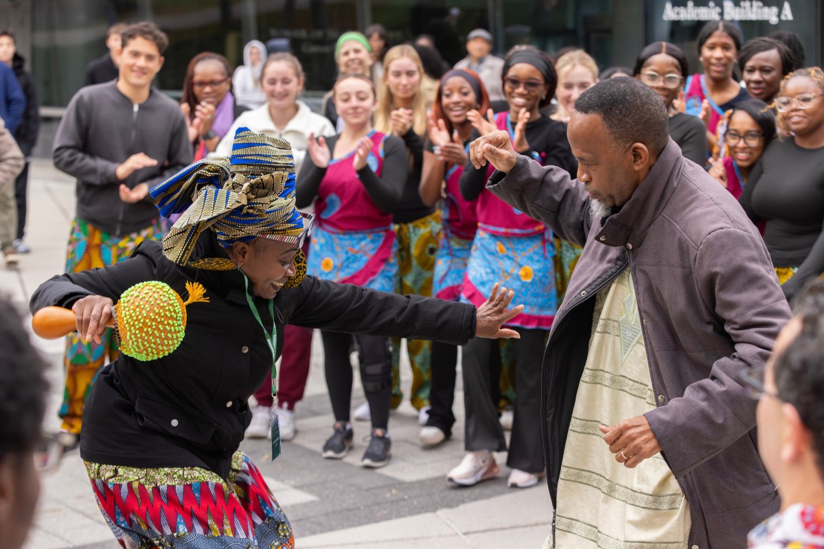 Attendees of the Department of Africana Studies' third annual conference join the beginner African dance class for the traditional Ghanaian dance, Kpanlogo.