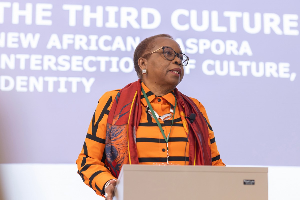 Binghamton University Distinguished Professor of Africana Studies Nkiru Nzegwu gives her keynote address during the Department of Africana Studies' third annual conference, “The New African Diaspora: Intersections of Culture, Race and Identity.”