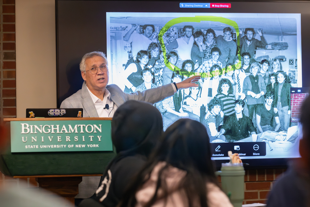 Alumnus Ron Klempner ’84, an in-house counsel lawyer at the National Basketball Players Association, the labor union representing the players of the NBA, speaks to students about his college days at Binghamton covering the Binghamton Colonials as Pipe Dream Sports Editor during the 2025 John and Lawrence Bonzani Memorial Law Lecture, held at the Anderson Center Reception Room, Nov 20, 2025.