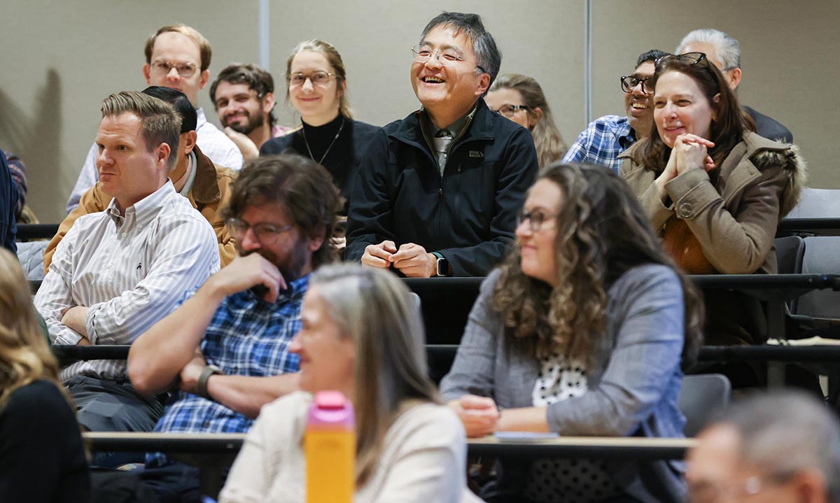 Professor of Empire Innovation and School of Computing Director Kuang-Ching “KC” Wang met with new Binghamton University President Anne D’Alleva last fall alongside other Watson College faculty and staff.