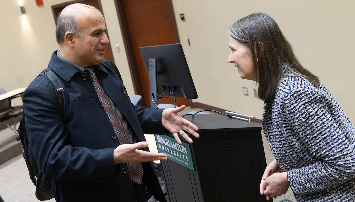 School of Systems Science and Industrial Engineering Director and Distinguished Professor Mohammad Khasawneh talks with Binghamton University President Anne D'Alleva after a stop at Watson College in November during her Listening to Lead Tour around campus. Khasawneh co-chaired the committee behind 