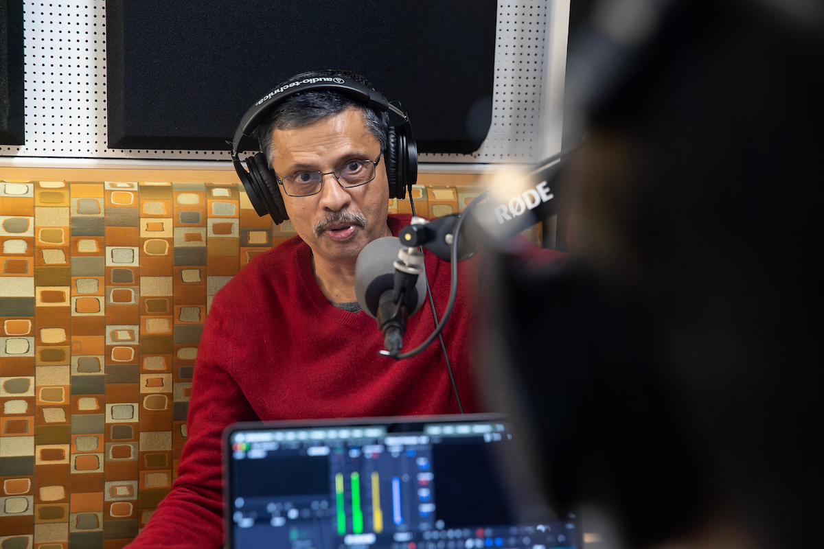 Subimal Chatterjee, SUNY Distinguished Teaching Professor at the School of Management, records a podcast at the Media and Public Relations Podcast Studio located in Lecture Hall, Monday, December 15, 2025.