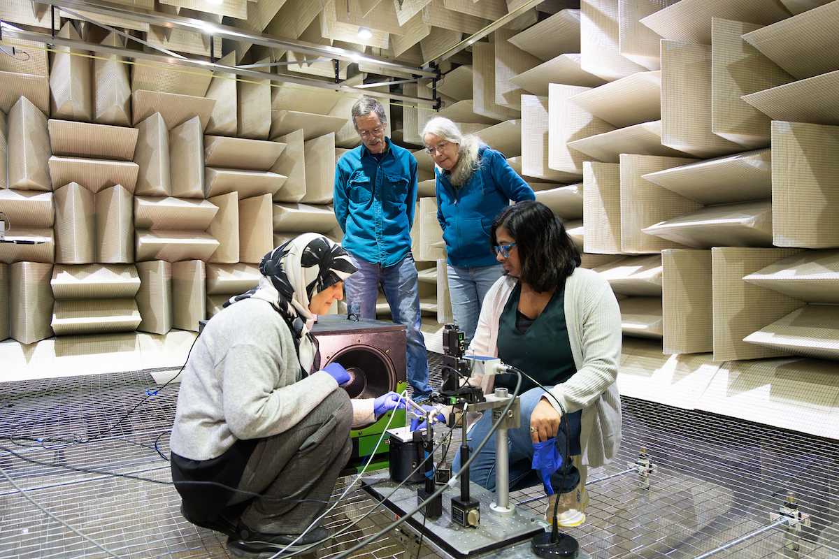 Graduate students Aishwarya Sriram and Sara Aghazadeh test caterpillars for their ability to detect sound under the guidance of Distinguished Professor of Mechanical Engineering Ronald Miles and Associate Professor of Biological Sciences Carol Miles at the anechoic chamber in the Engineering and Science Building at the Innovative Technologies Complex.