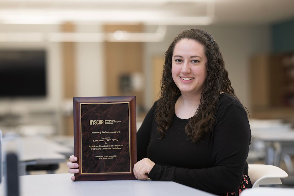 Katie Sasina was awarded the Pharmacy Technician Award by the New York State Council of Health-system Pharmacists (NYSCHP) for significant contributions in support of NYSCHP's Technician Initiative.