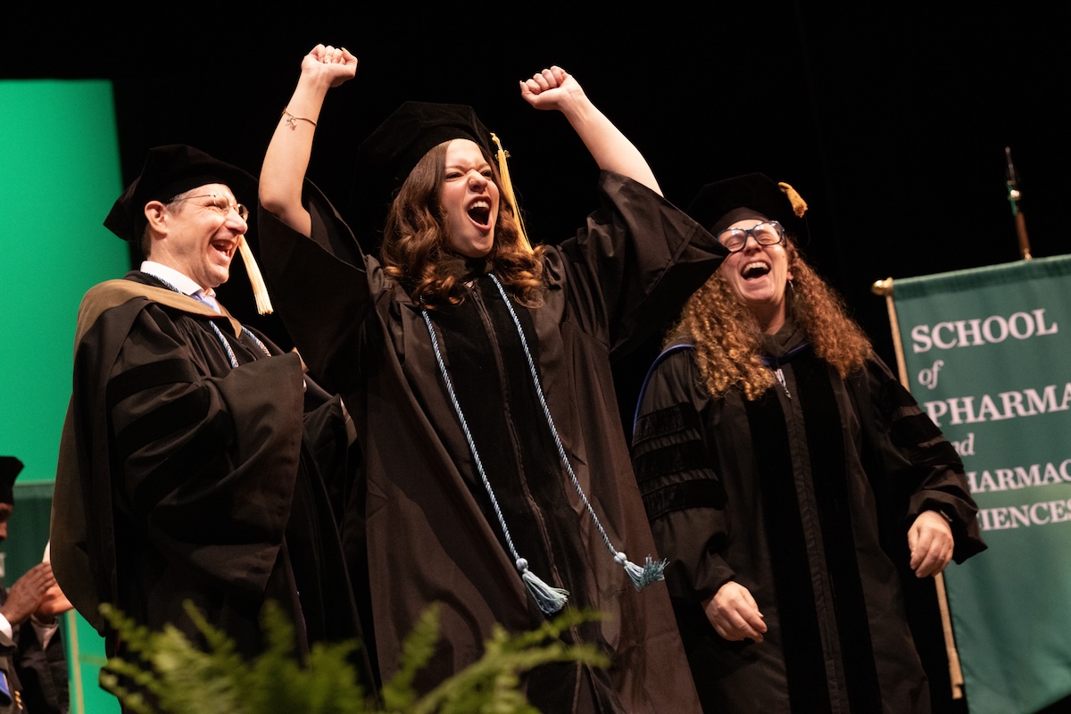 Sydney A. Greenberg celebrates her graduation during Commencement 2026 from the School of Pharmacy and Pharmaceutical Sciences (SOPPS).