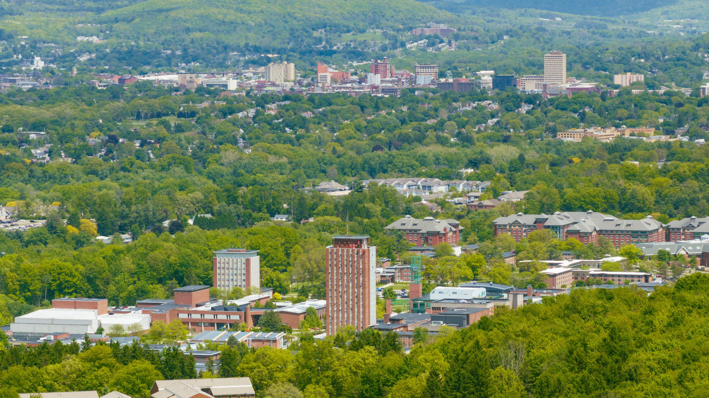 An aerial view of the Binghamton University campus in the spring of 2026.