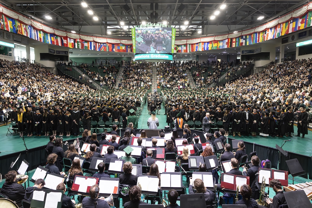 Students, faculty, and guests fill the Events Center for the Thomas J. Watson College of Engineering and Applied Science's 2026 Commencement ceremony.