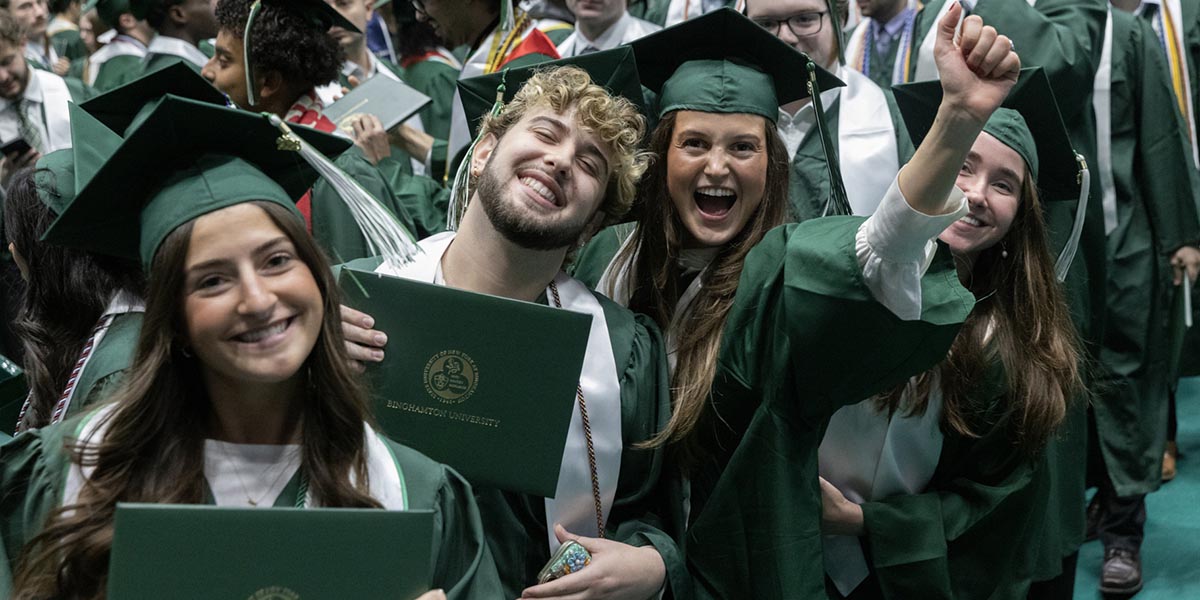 Graduates celebrate after earning their bachelor's degrees at the 2026 Commencement ceremony for Binghamton University's Thomas J. Watson College of Engineering and Applied Science.