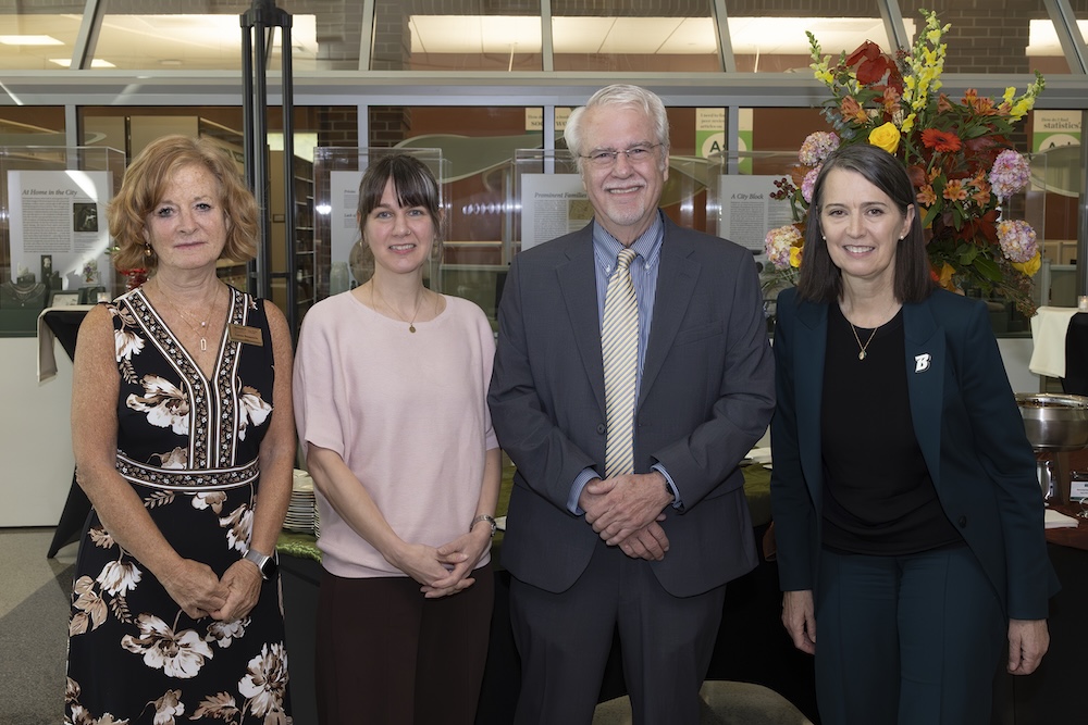 Dean of the College of Community and Public Affairs and Couper-Owens Center for Community Schools Founding Director Laura Bronstein, Annie Owens Kochersberger (daughter of Kochersberger), Robert Kochersberger, and President Anne D'Alleva at the Sept. 18 dedication ceremony for the newly renamed Couper-Owens Center for Community Schools.