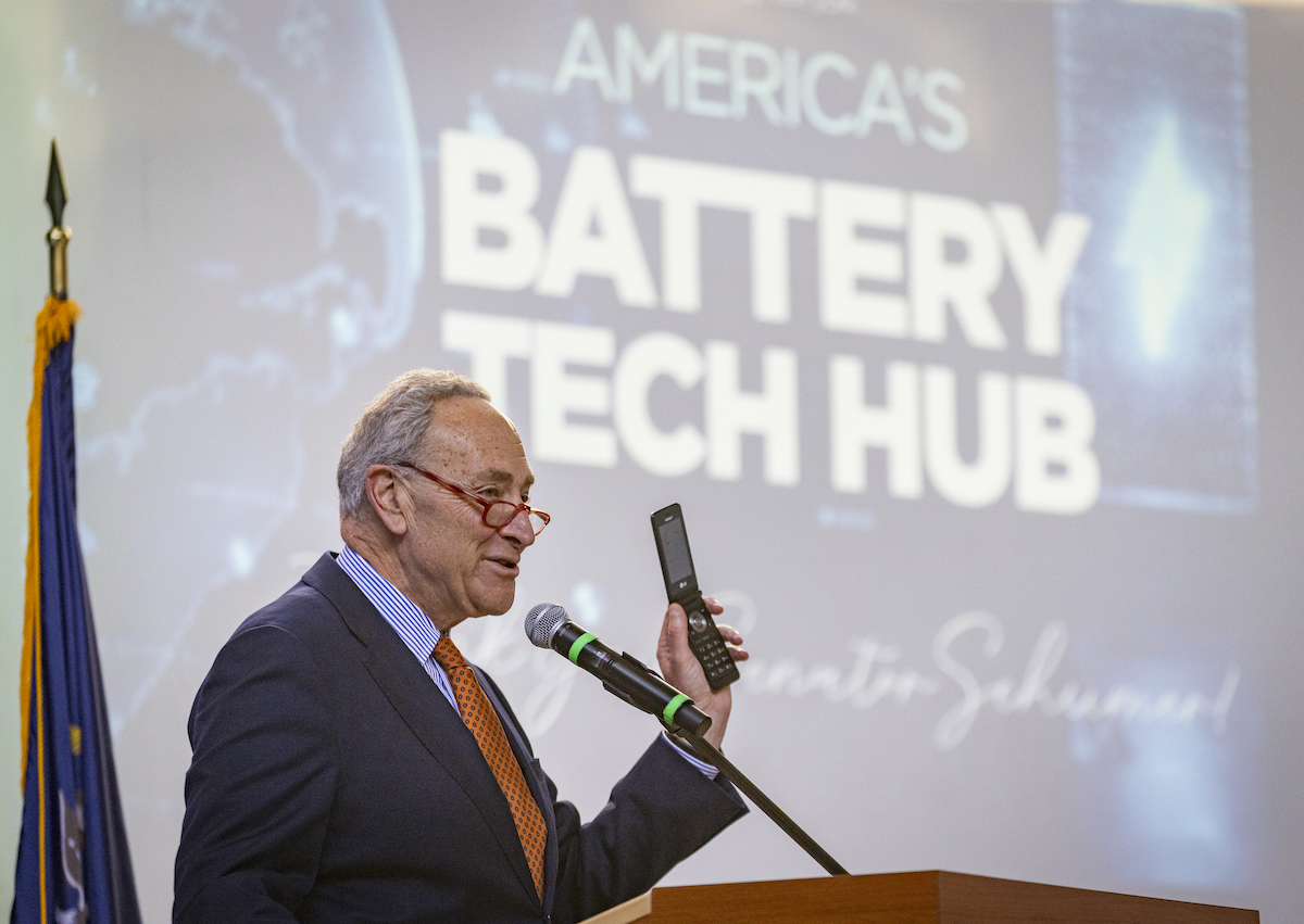 U.S. Sen. Majority Leader Charles Schumer announces Binghamton University’s New Energy New York (NENY) project has been named a federal Tech Hub during a press conference held at the Innovative Technologies Complex on Oct. 23, 2023.