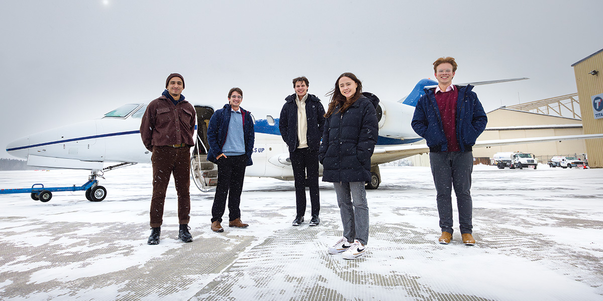 Industrial and systems engineering majors, from left, Gerardo Dutan, Nicholas Ingraselino, Justin Mintz, Lilly Guizatoullina and Ben Deibler have done research on an algorithm to help reschedule airline flights based on weather conditions.