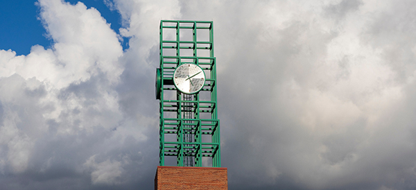 The iconic Clock Tower, constructed of tubular steel, has been part of the University Union since 2002.