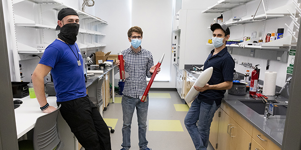 Jeremy Gendler (left), Alex Blumenthal (center) and Jacob Goodman lead a team of undergraduates named AeroBing that plans to launch a rocket into space. The team works at the Koffman Southern Tier Incubator in downtown Binghamton.