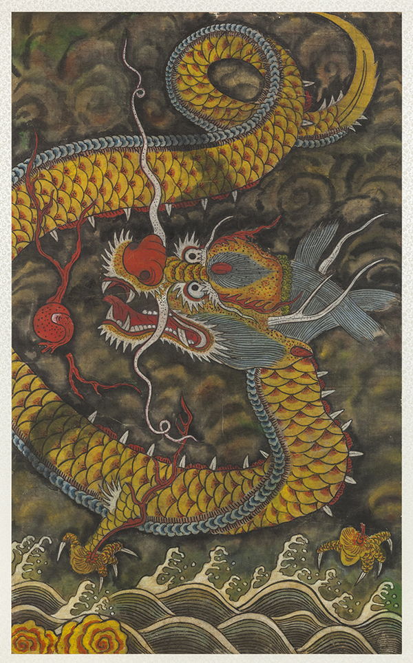 This ink and color on paper of a cloud dragon with a magic stone is on display at 