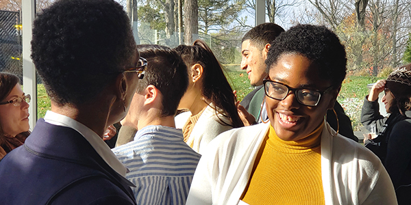 A first-generation student speaks with faculty member Myra Sabir during the networking portion of the B-FIRST kick-off on Nov. 8.