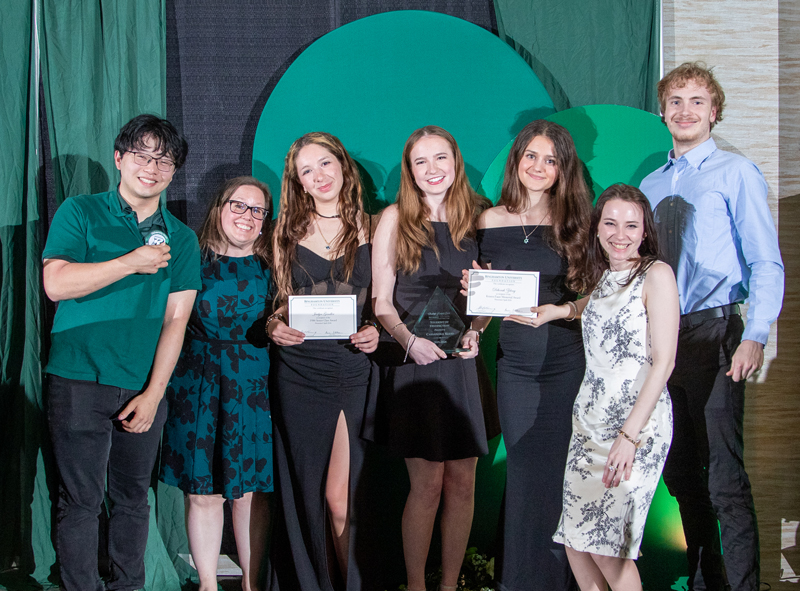 Midas Leung, Student of Distinction Award nominee; Jennifer Keegin, director of campus activities and chair of the Student Awards Gala committee; Jaclyn Gendler, recipient of the 1986 Senior Class Award; Cassandra Kleid, recipient of the Student of Distinction award; Deborah Zeleny, recipient of the Kristin Faust Award; Alyssa Whitehead, campus activities coordinator; and Ben Larson.