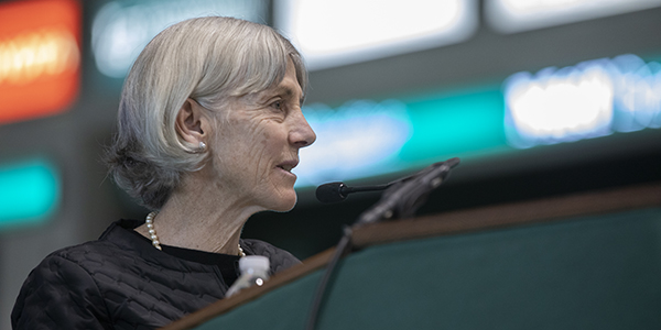 Joan Benoit Samuelson, the first-ever gold medalist in the women's marathon at the Olympics, speaks to nearly 800 at the 14th annual Celebrating Women's Athletics Luncheon at the Events Center on Feb. 4.