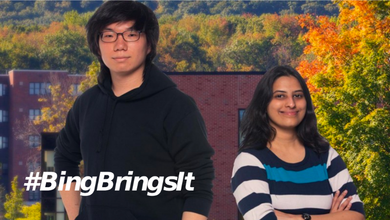 The First-year Research Immersion (FRI) program attracts students from all over the world. Neha Shaikh, a biology major from India, and Dokyu Lee, a mechanical engineering major from South Korea, said FRI was one of the reasons they chose to attend Binghamton University.