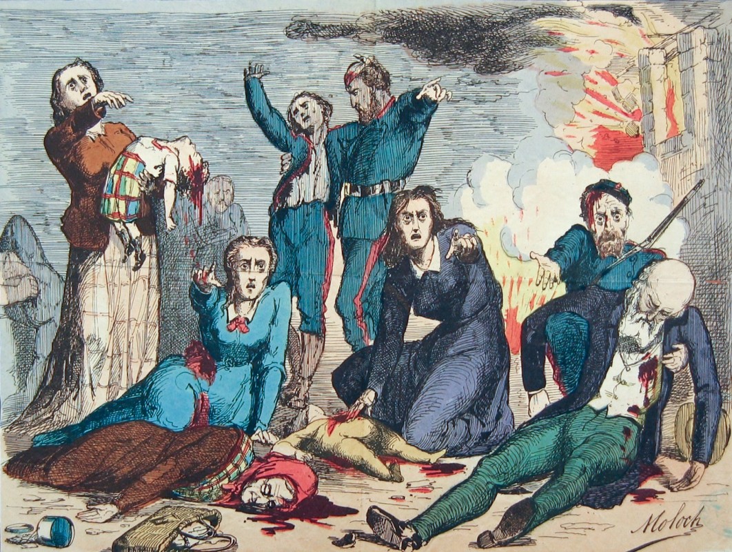 A lithograph depicting a massacre and the bombardment of Paris during the Commune of 1871.