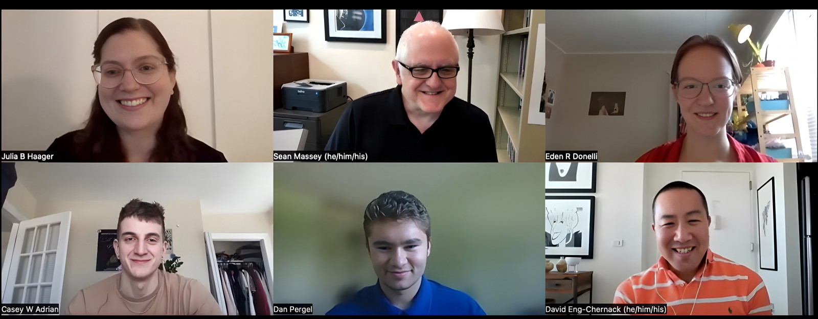 Clockwise from left: A Zoom interview between Western Carolina University Assistant Professor of History Julia Haager MA ’15, PhD ’22; Binghamton University Associate Professor of Women, Gender and Sexuality Studies Sean Massey; Eden Lowinger ’23, MSW ’25; GMHC interview subject David Eng-Chernack; Dan Pergel ’23; and Casey Adrian ’22, MSW ’24.