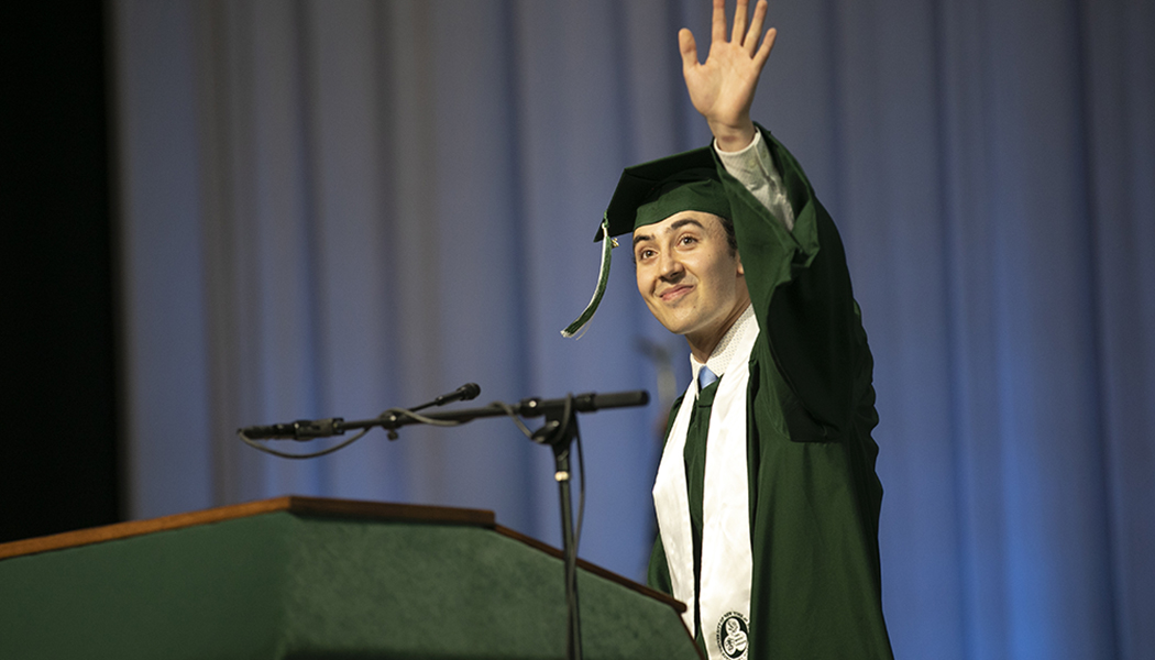 Christopher Bergamini, the student speaker for the Harpur 1 ceremony, reminded his fellow graduates to be thankful.