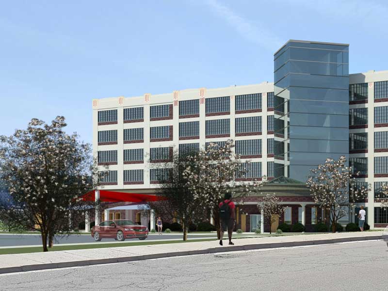 Architectural rendering of the former Endicott Johnson shoe and carton factory that is being completely renovated and will be home to Binghamton University's college of nursing and health sciences.