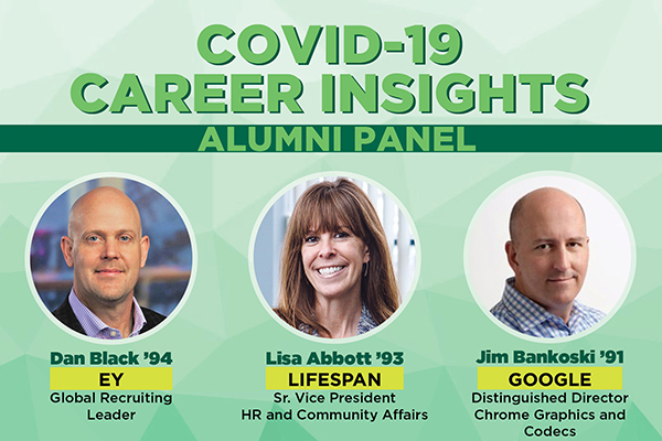 The three panelists who spoke to students via Zoom April 21.