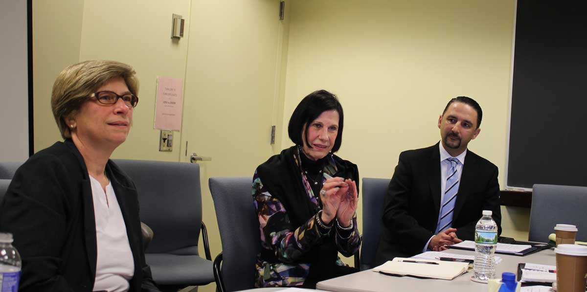The Decker School of Nursing held its first research roundtable May 1, 2017.  From left to right are Research Associate Professor Yvonne Johnston, Decker Visiting Scholar Rosemarie Rizzo Parse and Decker Dean Mario Ortiz.