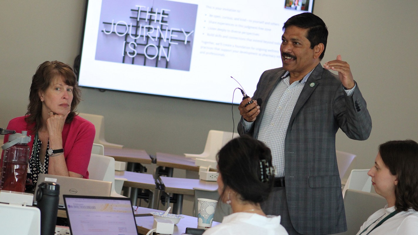 Dean and SUNY Distinguished Professor Kanneboyina Nagaraju addresses his faculty and staff, thanking them all for attending the event.