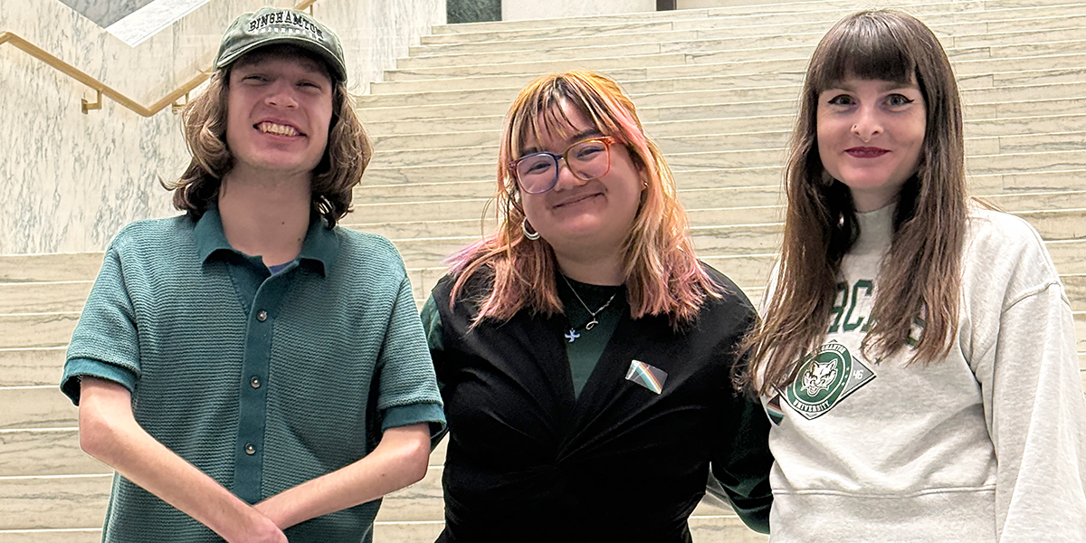 Rayven Sample, Janmariz Deguia, and Claire Dekker represented the Binghamton University Services for Students with Disabilities (SSD) office at Student Empowerment Day in Albany on Feb. 26.