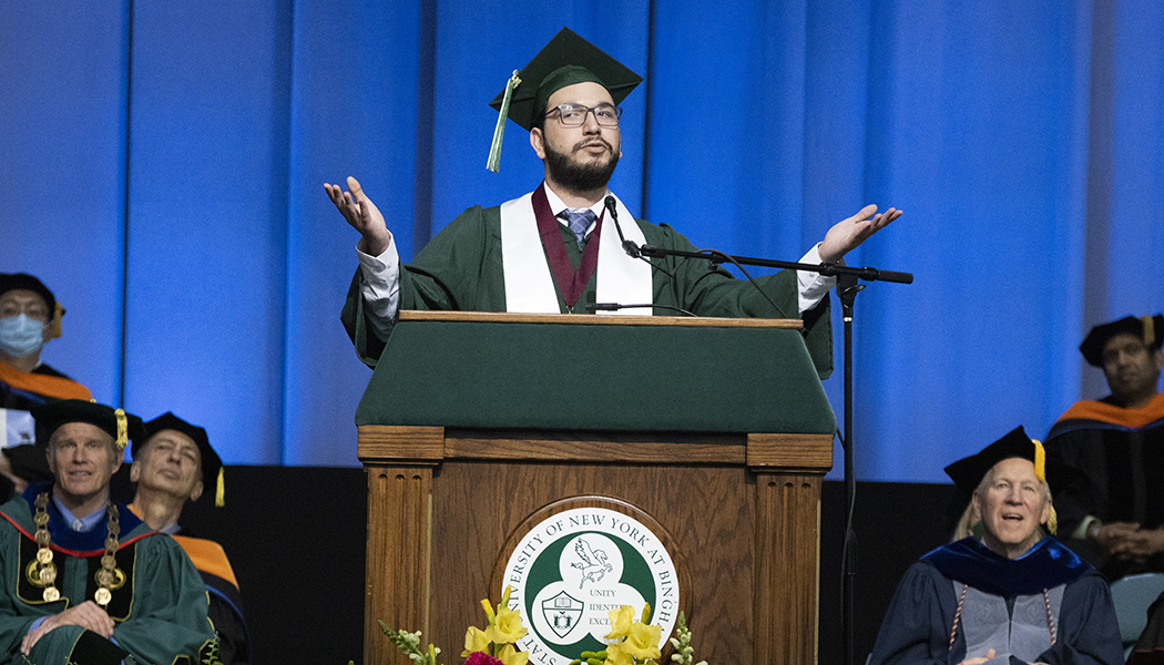 Emre Isiktekiner, a student from Turkey, earned his bachelor's degree in computer science and also spoke on behalf of his fellow graduates.