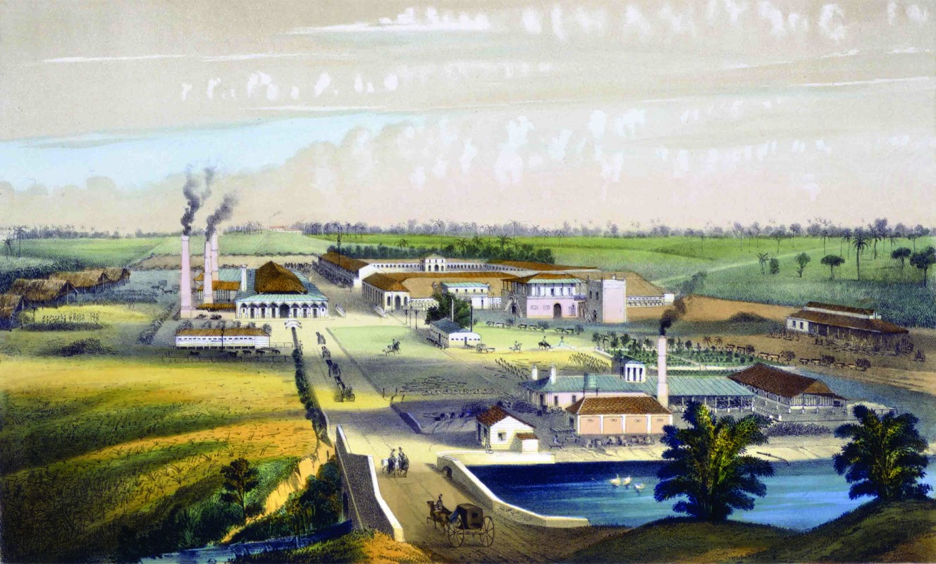 An image of the Flor de Cuba sugar mill, circa 1857. The gigantic Cuban sugar mill had a force of 550 slaves and Chinese contract workers. Cuba was the largest supplier of sugar to the United States during this period.