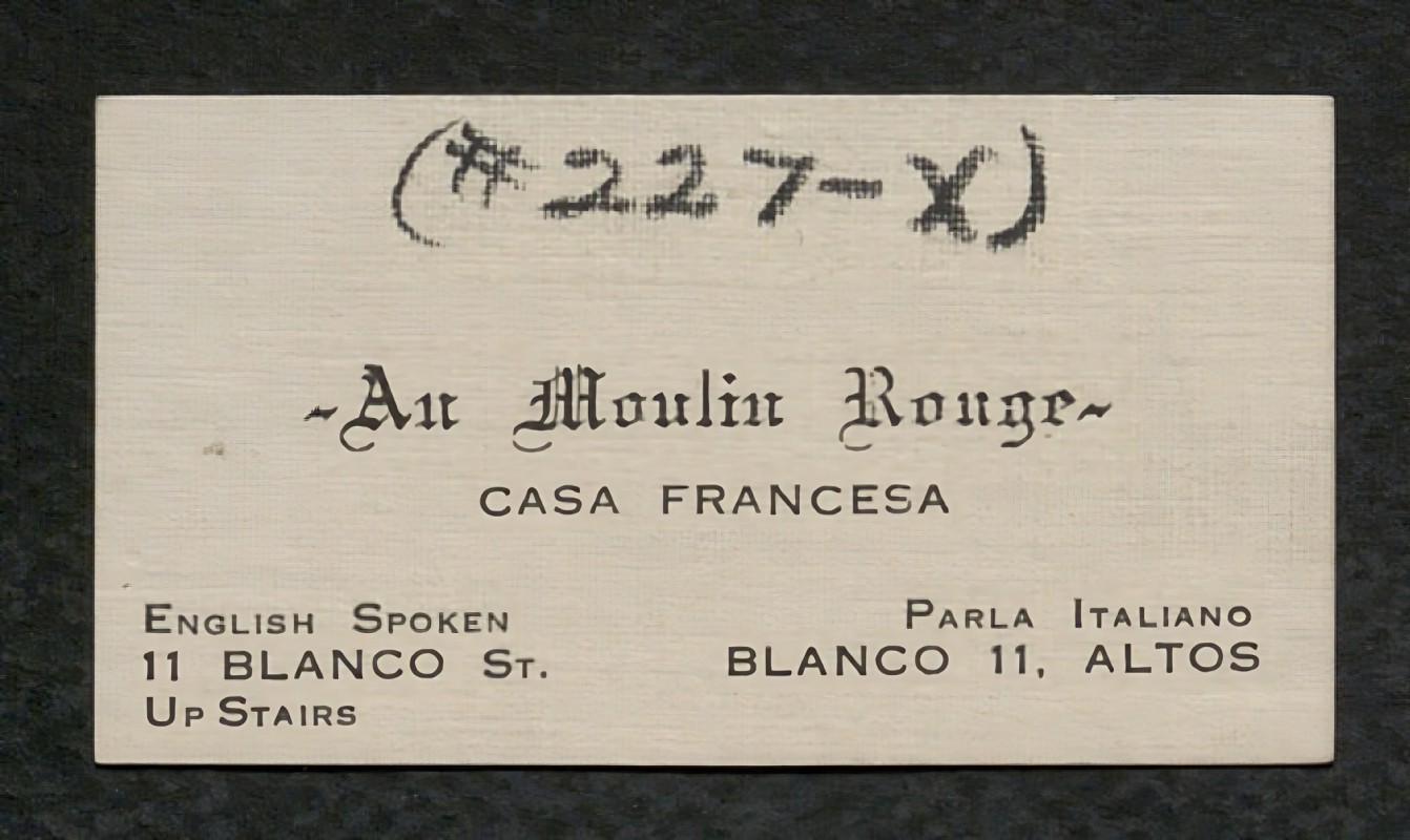 The business card for an early 20th-century brothel with a French theme.