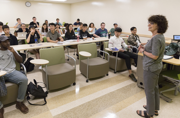 Kathleen McKenzie teaches Math 108 in a renovated classroom at Student Wing on Aug. 25 - the first day of fall classes.