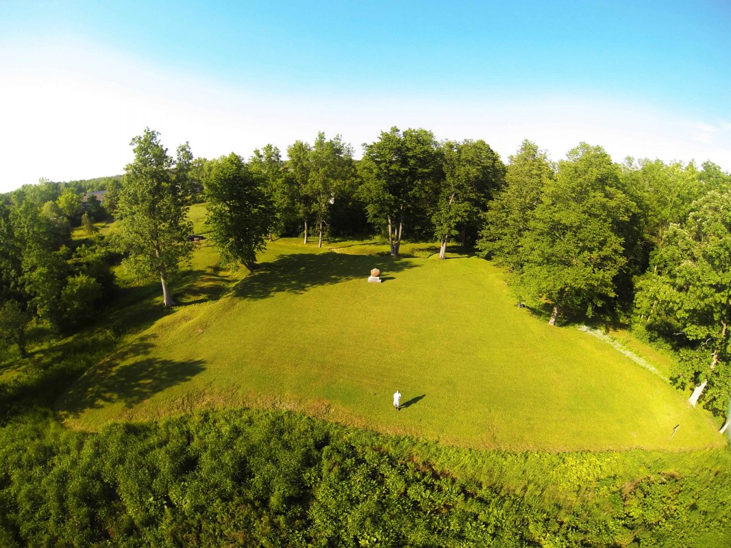 A drone flies over the site associated with the French and Indian War's Fort Bull in Rome, NY.