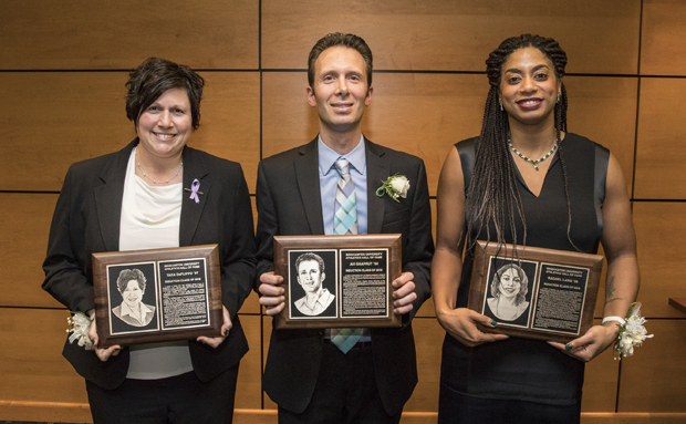 Tara DeFlippo, left, Avi Shaprut and Rachel Laws are the newest members of the Binghamton Athletic Hall of Fame. The Hall of Fame now has 101 individual inductees and two teams.