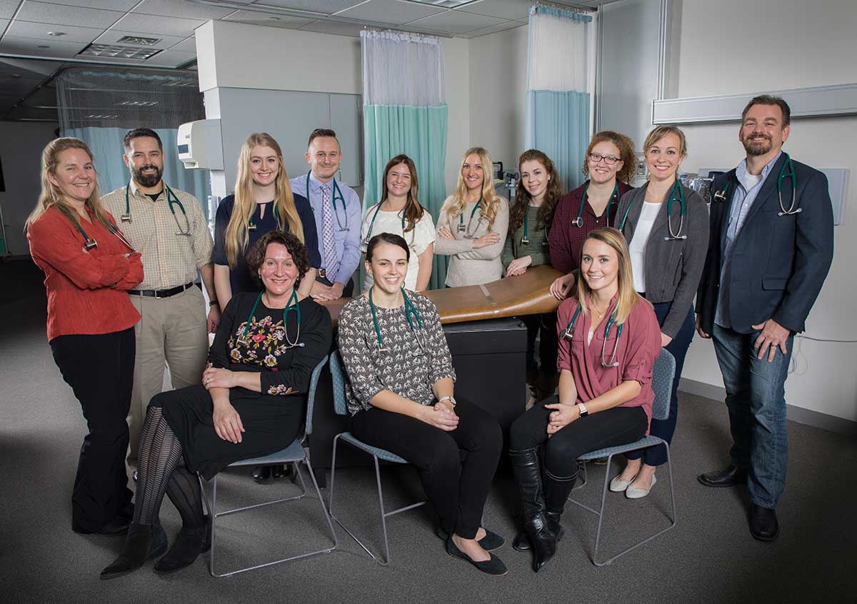 Decker family care nurse practitioner students taking part in a program aimed at retaining advanced practice nurses in rural communities. The program is funded through a HRSA grant. Back row, from left are JoLynn LaBouf, Kevin Jones, Beth Plumadore, Philip Nedlik, Mallory Eberly, Alexis Rogers, Emily Hodack, Meaghan Provost, Brittany Wilson and Dan Babcock; front row, from left are Nicole Fletcher, Katie DeWitt and Karleena Mickle.