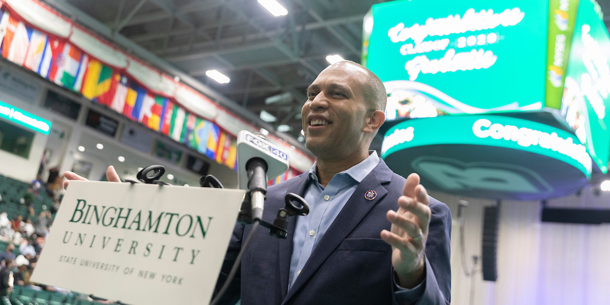 The Class of 2020 traveled to campus to have their in-person Commencement Ceremony at the Events Center during Homecoming Weekend, Sunday, Oct. 10, 2021. Here, Congressman Hakeem S. Jeffries '92, who was the guest speaker, speaks to the media before the ceremony.