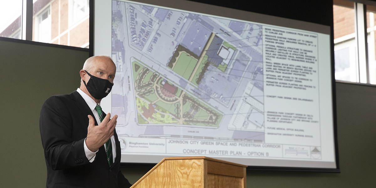 President Harvey Stenger speaks at GIS Day on Nov. 12, about the University's role in the recovery of Johnson City and preparation of a new park adjacent to the Health Sciences Campus that will help connect the campus with the village Main Street.