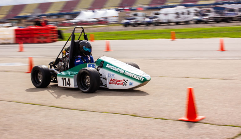 The Binghamton Motorsports Formula team benefits from IBM support and prominently displays the company's logo on its vehicle.