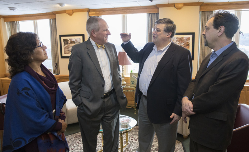 Nadia Rubaii, associate professor of public administration, Provost Donald Nieman, Owen Pell '80, LLD '11, and Max Pensky, professor of philosophy, discuss the Institute for Genocide and Mass Atrocity Prevention. Rubaii and Pensky will co-direct the Institute.