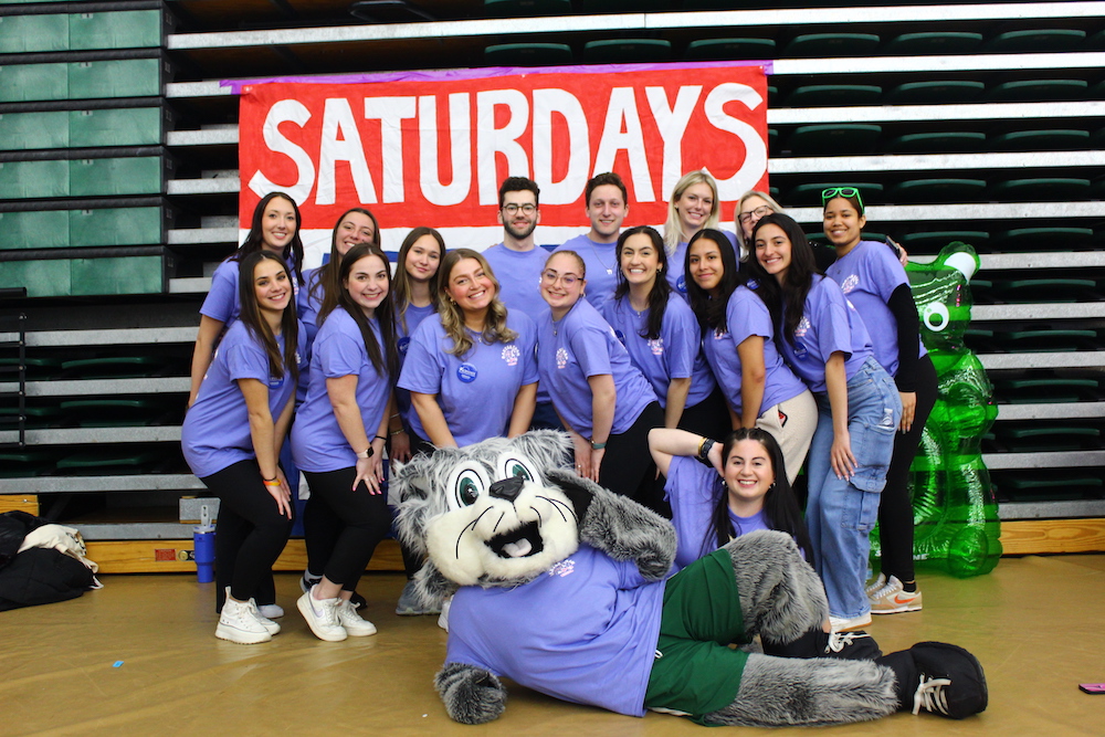 Members of the BaxterTHON committee pose with Baxter at the dance marathon event that raised more than $57,000 to benefit The Upstate Golisano Children’s Hospital in Syracuse.