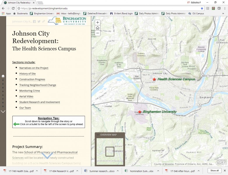 A screen shot of the Johnson City Redevelopment Story Map, which includes demographic information, video interviews, aerial footage and more documenting the current status of the neighborhood where the Binghamton University Health Sciences Campus is being constructed. jc-redevelopment.binghamton.edu.