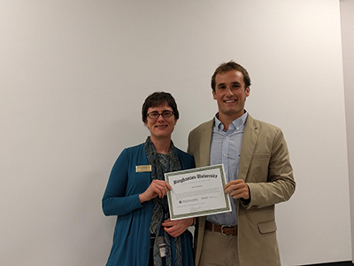 Biomedical engineering student Jacob Gershon with Associate Professor Aaron Beedle from the Department of Pharmaceutical Sciences commemorating the completion of the REU.