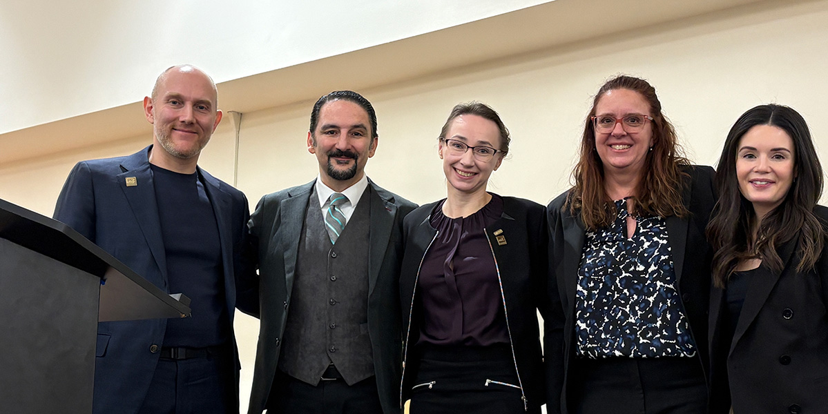 From left, speakers at the 2026 Kresge Center Lecture were: Maxim Topaz, Dean Mario R. Ortiz, Laura-Maria Peltonen, Ann Fronczek and Meghan Reading Turchioe.