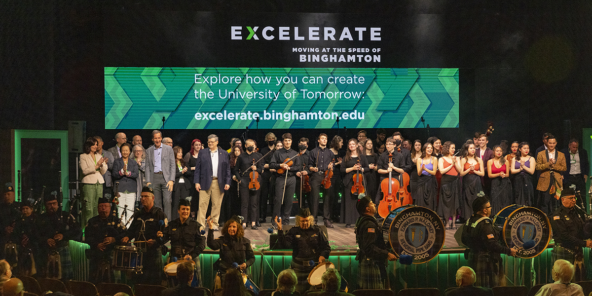 Campaign chair Howard Unger ’82, LHD’19; and Owen Pell ’80, LLD ’11, chair of the Binghamton University Foundation Board, were joined on stage by student performers for the EXCELERATE campaign launch and announcement of its $220 million goal. Pipers from the Edward P. Maloney Memorial Pipe Band capped off the evening, before guests ventured outside for a light projection show.