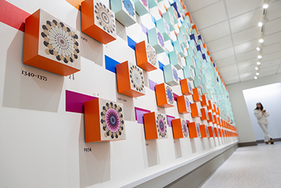 An angled look at the wall of 3D blocks.