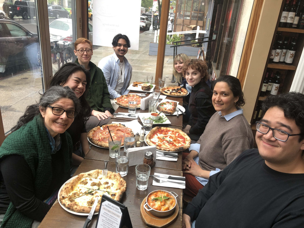 A team of students competing in the New York Classical Club’s annual College Oral Reading Contest in Greek and Latin met up with Ancient Mediterranean Studies alumni Zoe Tasse-Winter ’14, Lyla Cerulli ’17, and Philip Hui ’23 for lunch before the event.